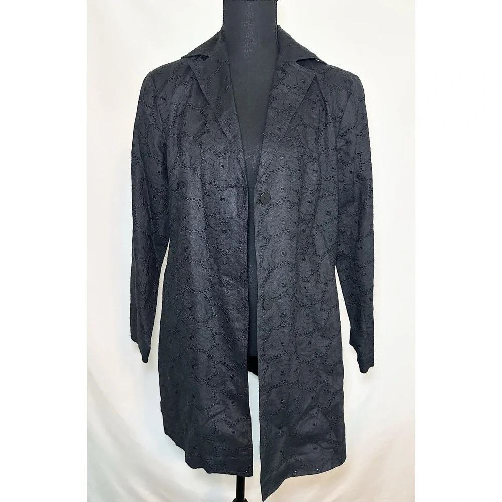 Wear It Women's SIZE 0 Black Eyelet Long Sleeve Blazer Jacket 100% Linen‎